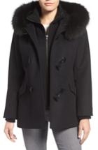 Women's George Simonton Wool Blend Duffle Coat With Genuine Fox Fur Trim - Black