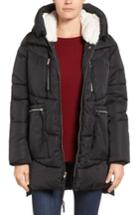 Women's Steve Madden Hooded Puffer Jacket With Faux Shearling Trim - Black