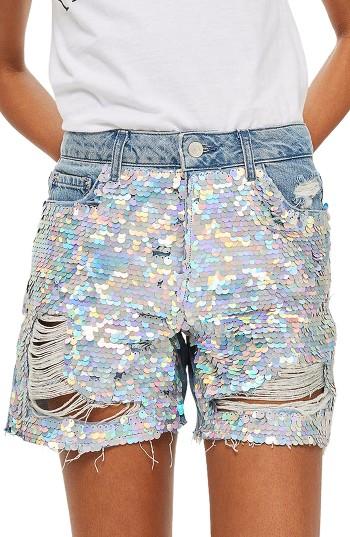 Women's Topshop Ariel Ashley Sequin Boyfriend Shorts Us (fits Like 2-4) - Blue