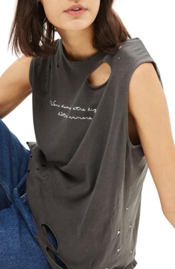Women's Topshop Destroyed Slogan Open Back Tank Us (fits Like 0-2) - Grey