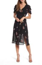 Women's Lost Ink Floral Embroidered Wrap Midi Dress, Size - Black