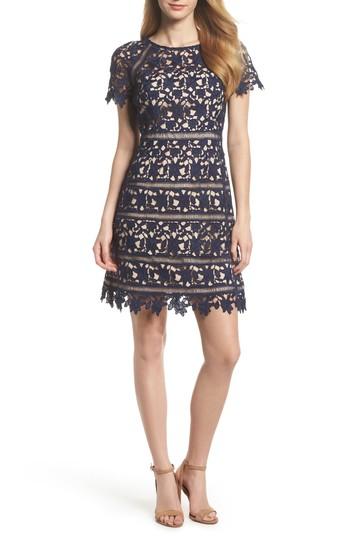 Petite Women's Eliza J Crochet Overlay Dress P - Blue