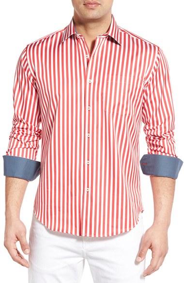 Men's Bugatchi Shaped Fit Stripe Sport Shirt - Red