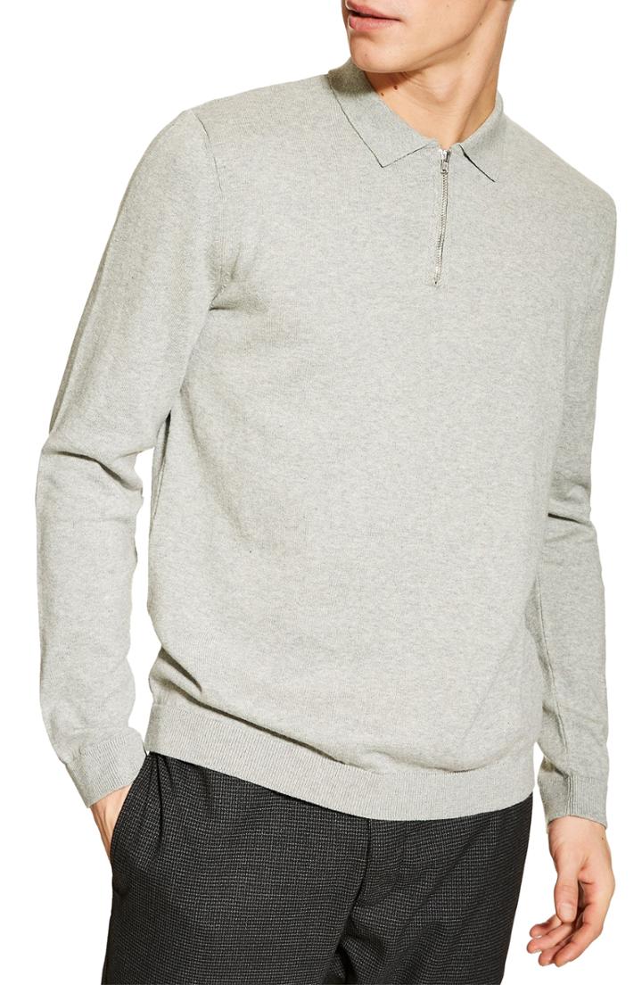 Men's Topman Zip Long Sleeve Polo - Grey