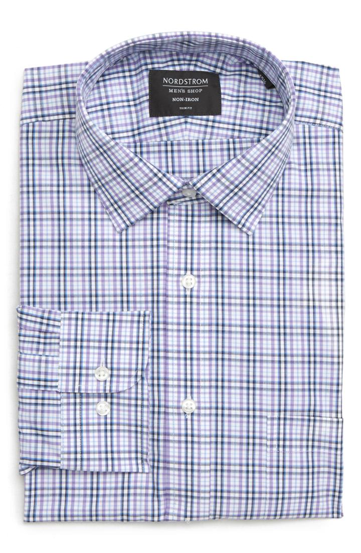 Men's Nordstrom Men's Shop Traditional Fit Non-iron Plaid Dress Shirt - 32/33 - Purple
