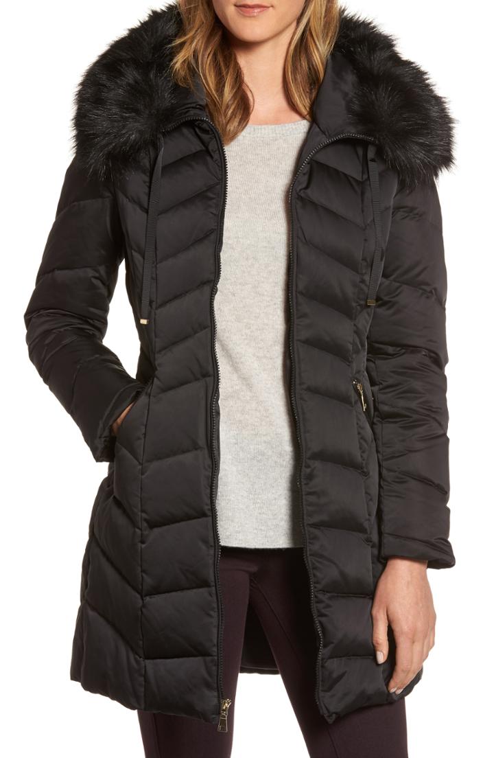Women's Tahari Gwen Chevron Down & Feather Faux Fur Coat - Black