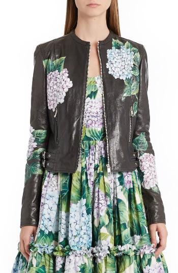Women's Dolce & Gabbana Hydrangea Painted Leather Jacket Us / 40 It - Black