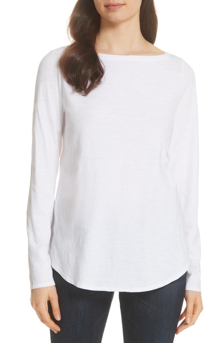 Women's Eileen Fisher Bateau Neck Organic Cotton Tee, Size - White