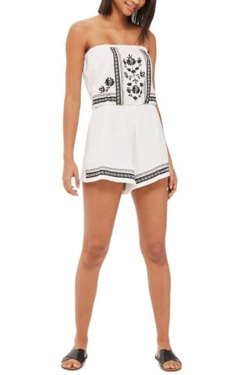 Petite Women's Topshop Embroidered Strapless Romper P Us (fits Like 6-8p) - White