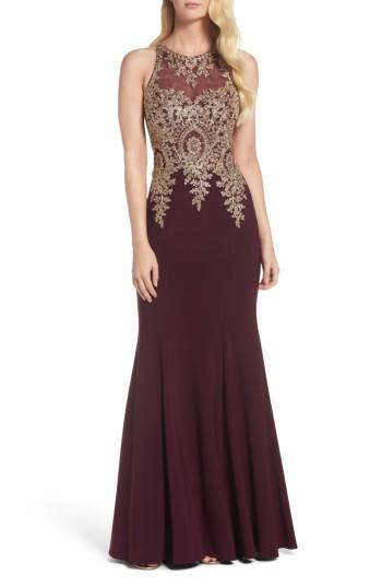 Petite Women's Xscape Embroidered Mermaid Gown P - Burgundy