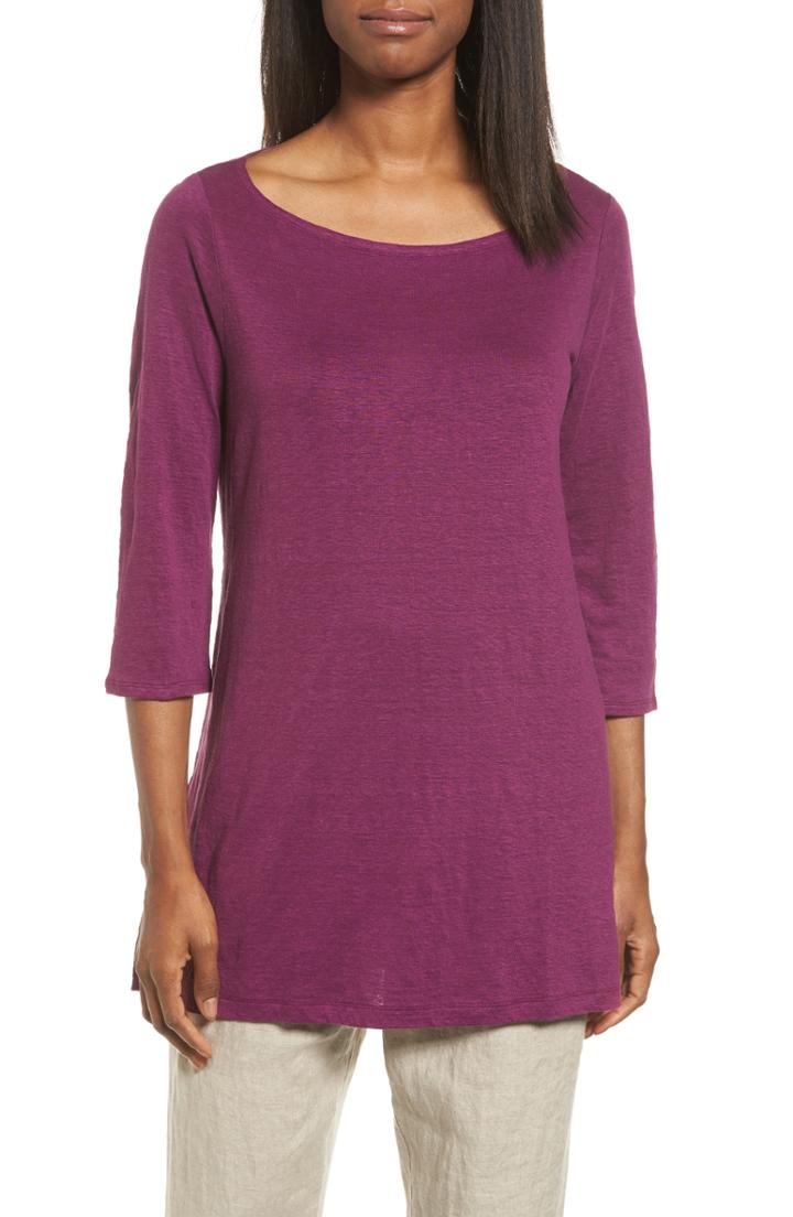 Petite Women's Eileen Fisher Bateau Neck Organic Linen Tunic P - Purple