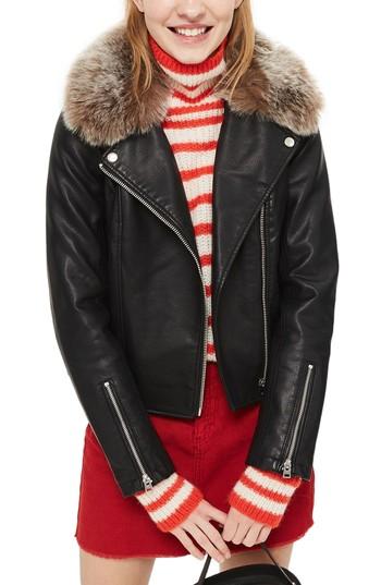 Women's Topshop Rayne Faux Fur Trim Biker Jacket Us (fits Like 0) - Black