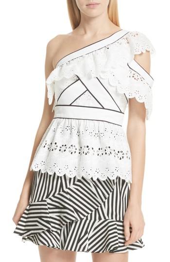 Women's Self-portrait Ruffle Broderie Anglaise One-shoulder Top - White