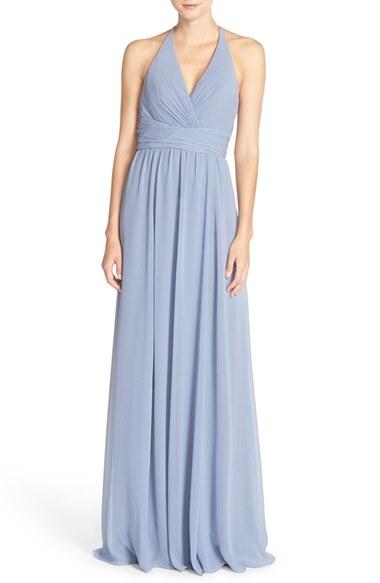 Women's Amsale 'jennifer' V-neck Chiffon Halter Gown - Grey