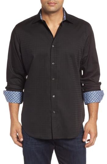 Men's Bugatchi Classic Fit Check Jacquard Sport Shirt, Size - Black