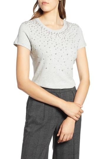 Petite Women's Halogen Embellished Neck Tee, Size P - Grey