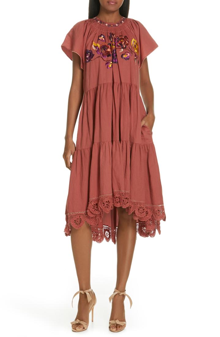 Women's Ulla Johnson Pinar Floral Embroidered Linen & Cotton Midi Dress - Burgundy