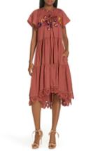 Women's Ulla Johnson Pinar Floral Embroidered Linen & Cotton Midi Dress - Burgundy