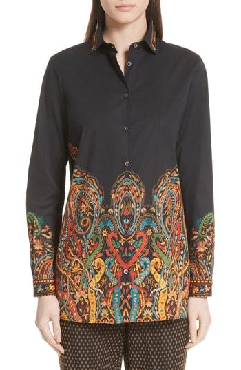 Women's Etro Scrolling Paisley Print Stretch Cotton Top Us / 38 It - Black