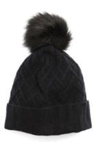 Women's Halogen Cashmere Beanie With Faux Fur Pom - Black