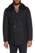 Men's Ted Baker London Frost Wool Blend Overcoat With Genuine Shearling Trim (m) - Blue