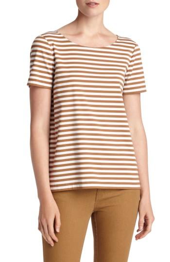 Women's Lafayette 148 New York Stripe Cotton Bateau Neck Tee, Size - Brown