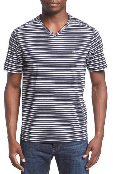 Men's Lacoste Stripe V-neck T-shirt (m) - Blue