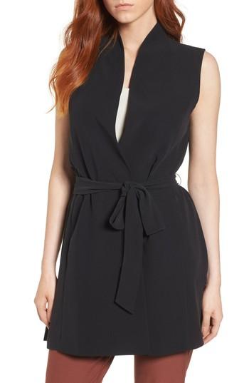 Women's Eileen Fisher Silk Georgette Crepe Long Vest, Size - Black