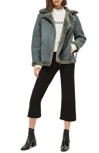 Women's Topshop Bailey Genuine Shearling Biker Jacket - Green