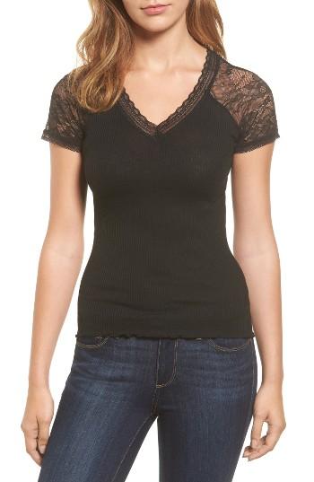 Women's Rosemunde Becka Lace Sleeve V-neck Tee - Black