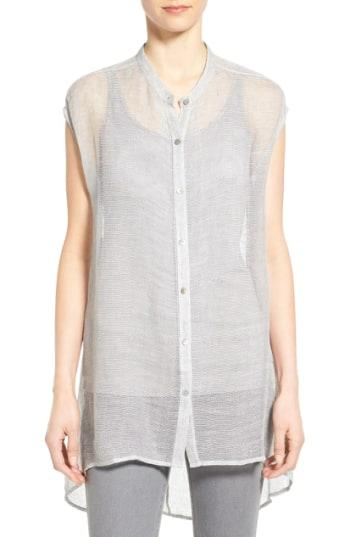 Women's Eileen Fisher Linen Mesh Mandarin Collar High/low Tunic Shirt