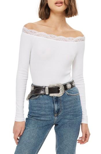 Women's Topshop Lace Trim Off The Shoulder Bodysuit Us (fits Like 0) - Pink