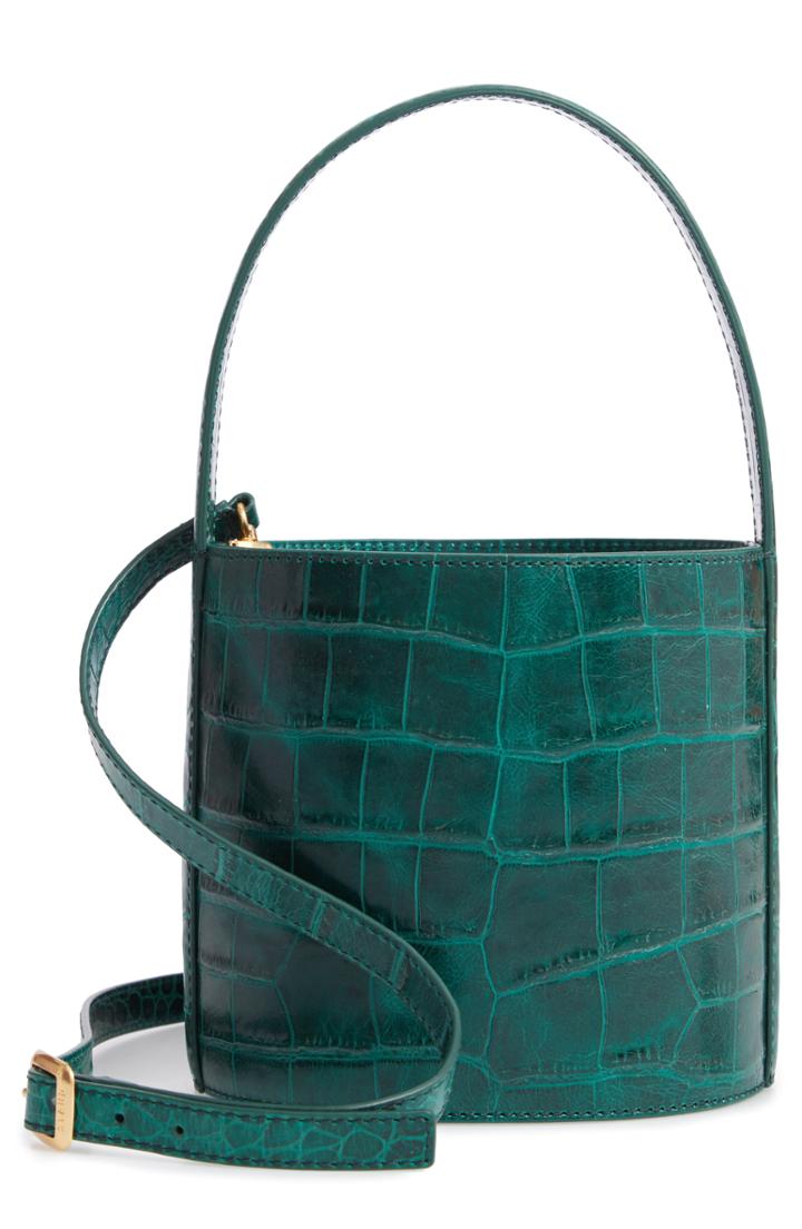 Staud Bissett Croc Embossed Leather Bucket Bag - Green