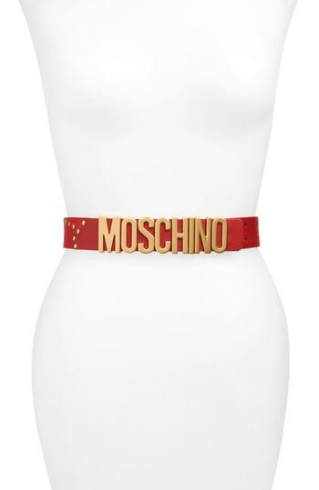 Women's Moschino Logo Leather Belt - Red/ Gold