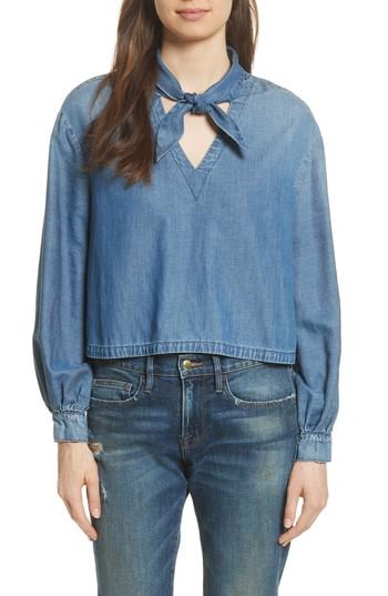 Women's Frame Tie Neck Denim Blouse - Blue