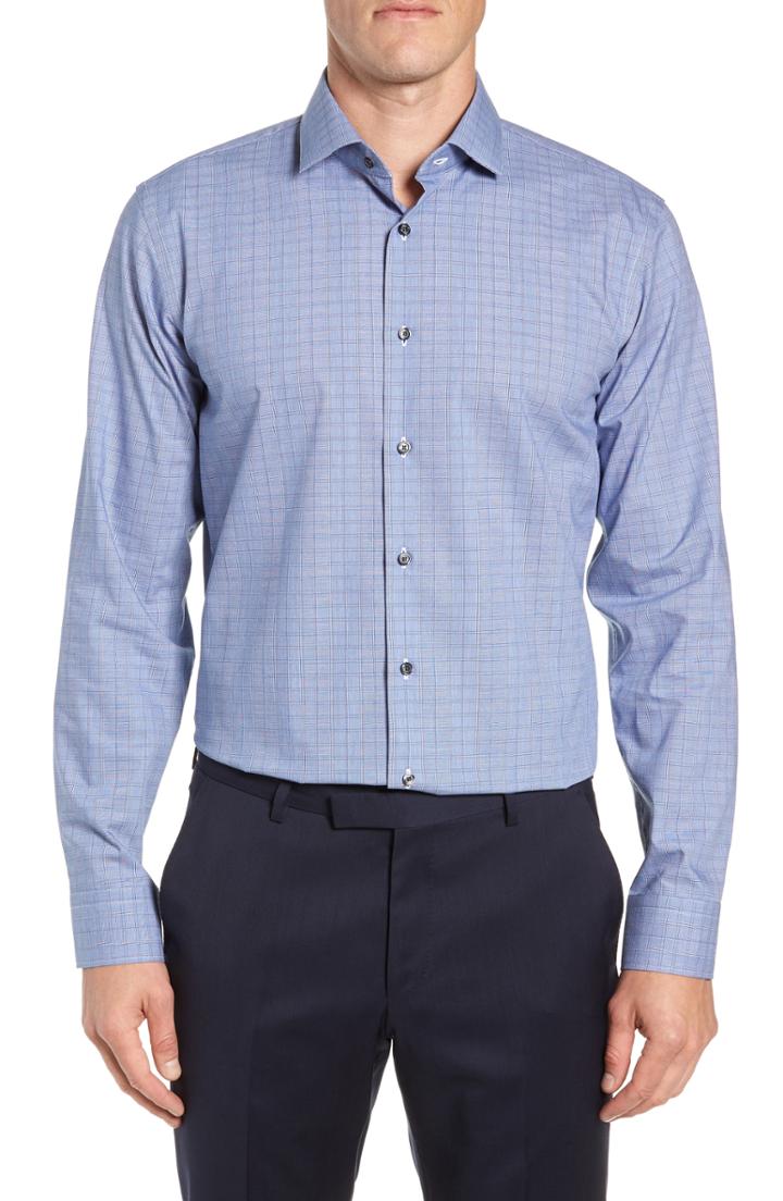Men's Calibrate Trim Fit Stretch Non-iron Check Dress Shirt - 32/33 - Blue