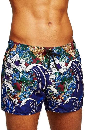 Men's Topman Floral Waves Swim Trunks /x-large - Blue