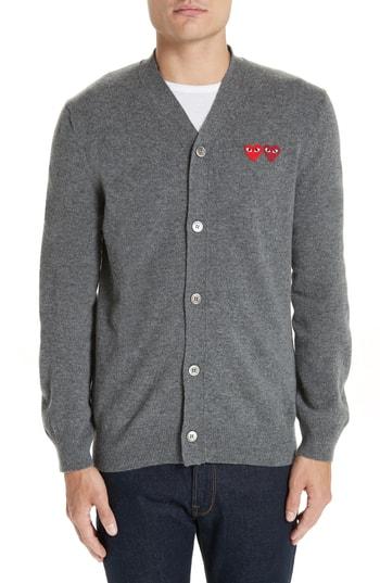 Men's Comme Des Garcons Play Double Heart Wool Cardigan - Grey