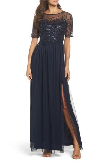 Petite Women's Adrianna Papell Beaded Bodice Mesh Gown P - Blue