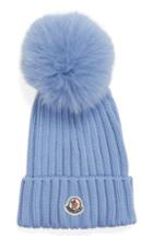 Women's Moncler Genuine Fox Fur Pom Wool Beanie - Blue
