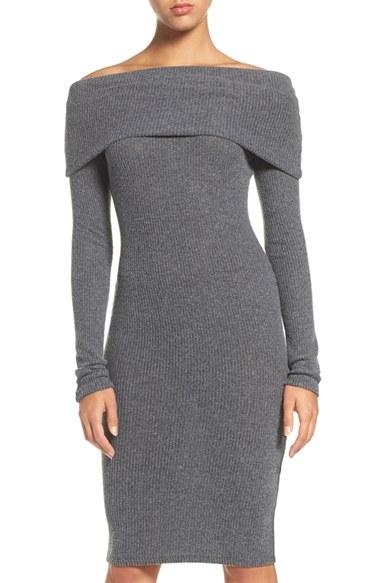 Women's Nsr Off The Shoulder Body-con Sweater Dress - Grey