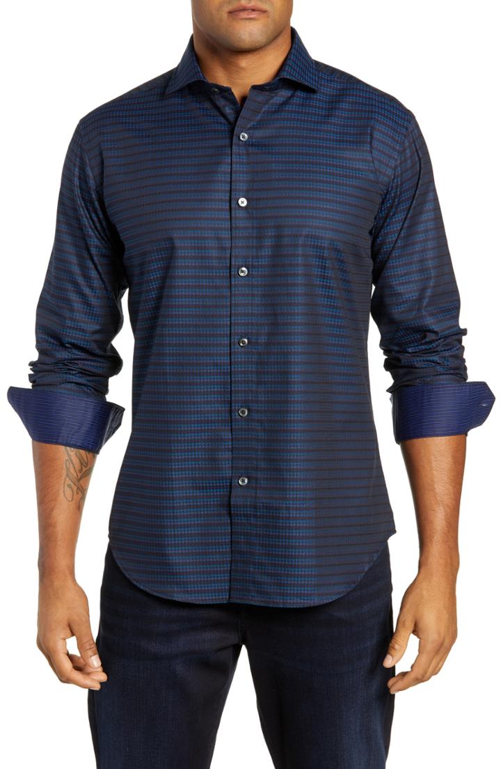 Men's Bugatchi Shaped Fit Houndstooth Stripe Sport Shirt, Size - Blue