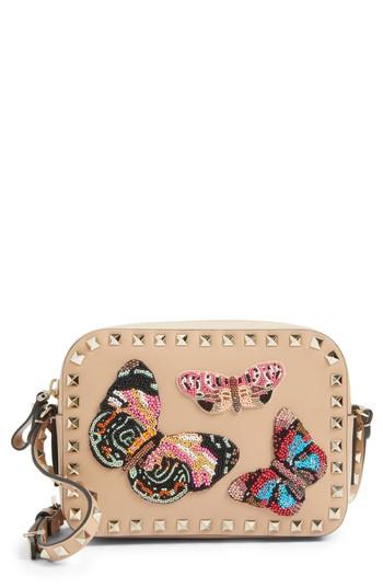 Valentino Garavani Rockstud Beaded Butterfly Leather Camera Crossbody Bag - Brown
