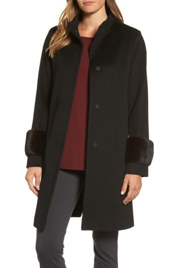 Women's Fleurette Lora Piana Wool Coat With Genuine Mink Fur Bracelet Cuffs - Black