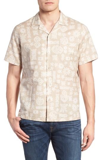 Men's Tori Richard Tapa Twist Trim Fit Linen & Cotton Camp Shirt - Beige