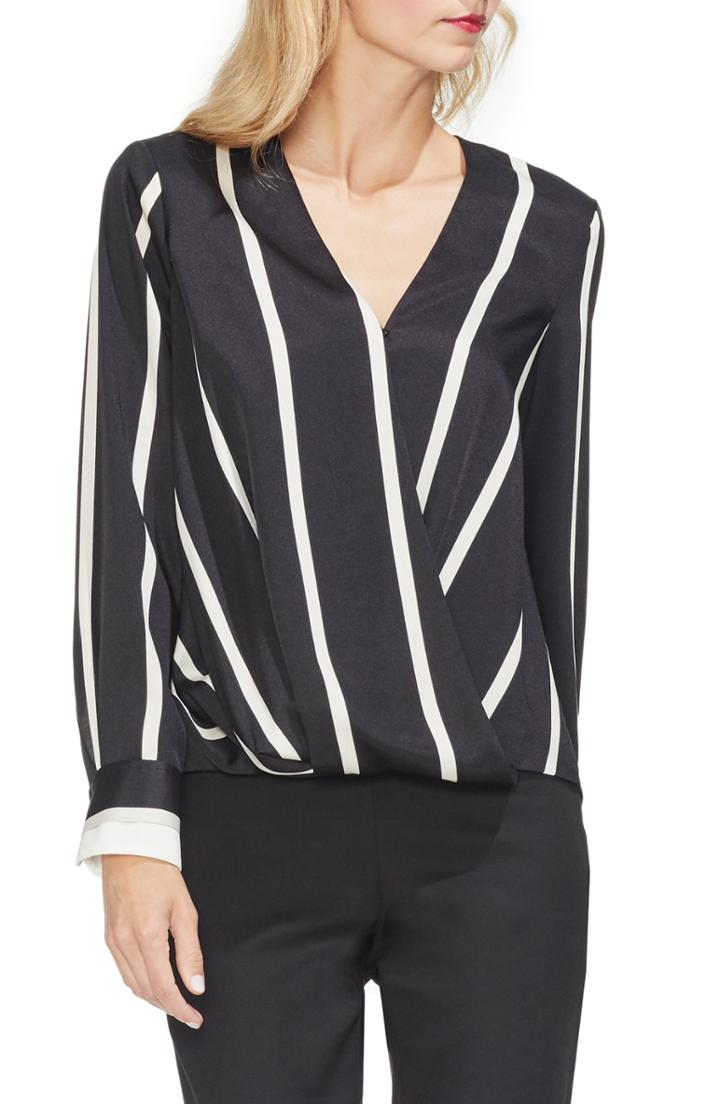 Women's Vince Camuto Stripe Faux Wrap Top, Size - Black