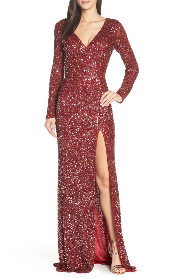 Women's Mac Duggal Sequin Slit Dress - Burgundy