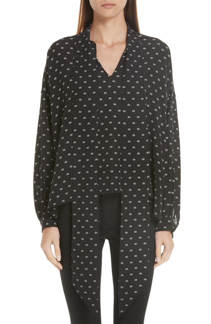 Women's Balenciaga Tie Neck Logo Print Silk Blouse Us / 36 Fr - Black
