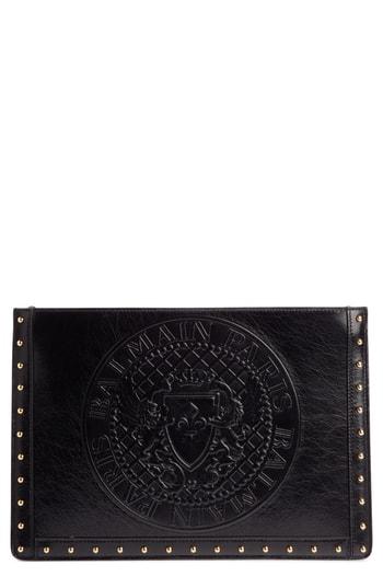 Balmain Mini Domaine Embossed Coin Calfskin Bag - Black