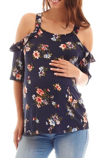 Women's Everly Grey Megan Ruffle Cold Shoulder Maternity/nursing Top - Blue